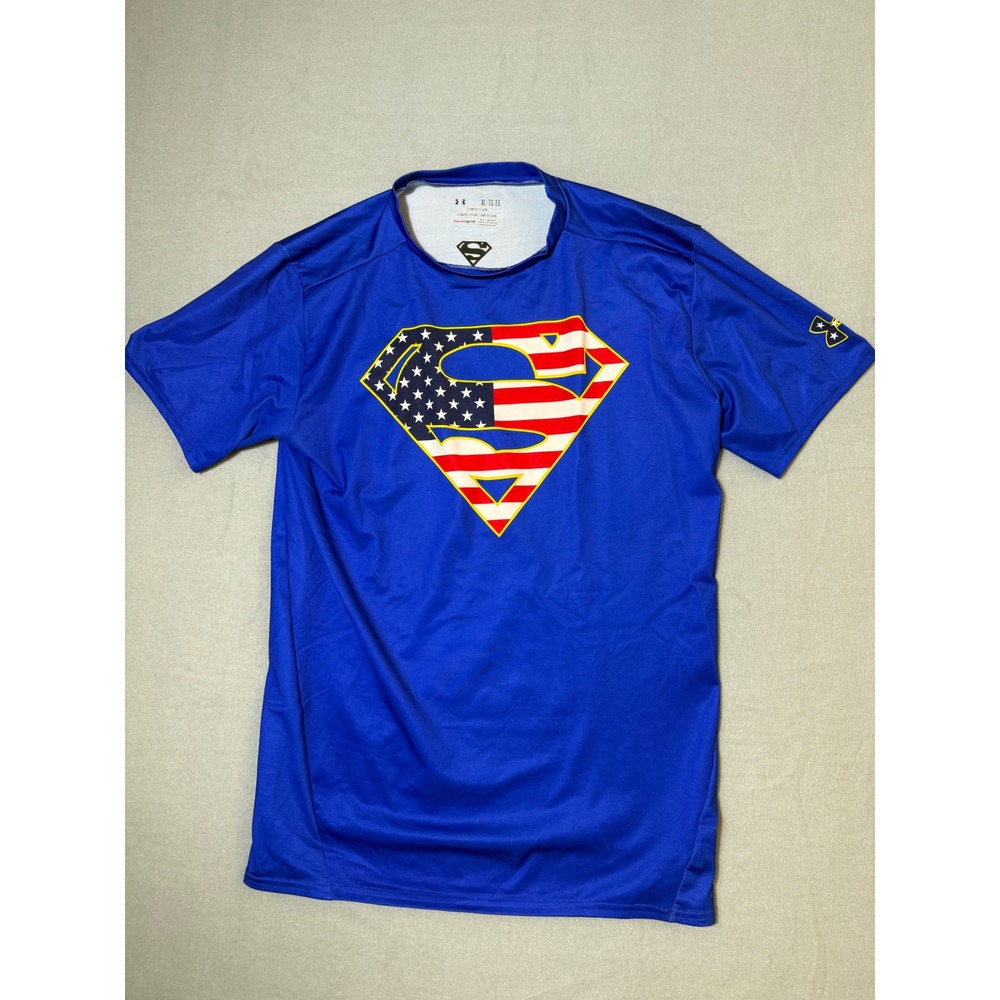 Under Armour Superman Alter Ego Men XL Blue USA Flag Compression Shirt 1244399